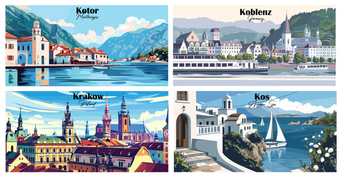 Travel landmarks tourism world famous, Vector illustration. Design for travel wallpaper, flyer or web banner design template. Panorama view. Copy space