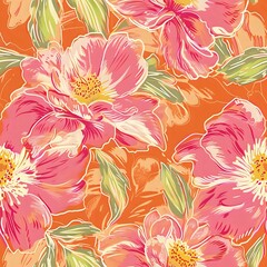 Pink Flower and Green Leaf Fabric Print
