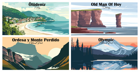 Travel landmarks tourism world famous, Vector illustration. Design for travel wallpaper, flyer or web banner design template. Panorama view. Copy space