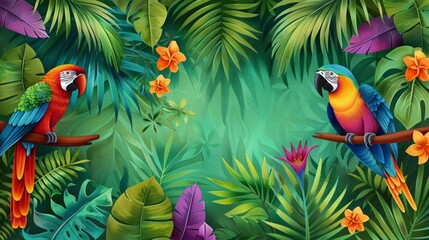 Vibrant illustration of two colorful parrots perched amidst lush tropical foliage and flowers