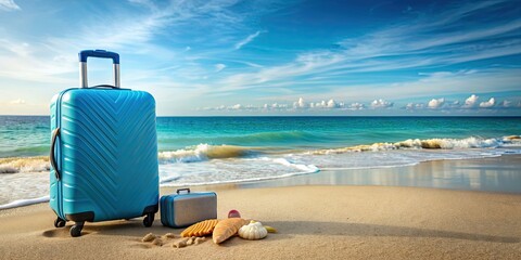 Blue luggage sitting on sandy beach background with ocean waves, shells, and sunscreen bottles Summer travel concept