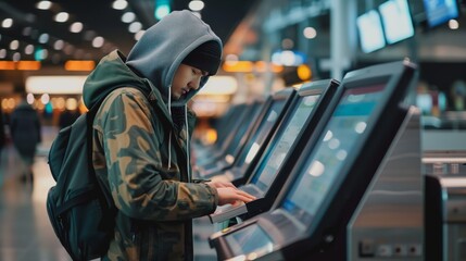 Fototapeta premium A traveler uses modern airport tech for seamless self-check-in and efficient boarding, streamlining air travel.