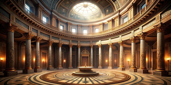 Captivating CG rendering of a circular ancient temple interior with dramatic lighting, Temple, Ancient, Circular