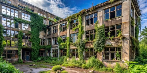 Abandoned building with broken windows and overgrown vegetation