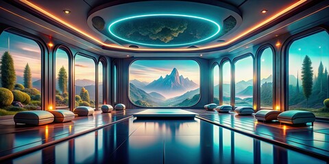 Blurry virtual reality meditation retreat in futuristic landscapes, Virtual reality, meditation, retreat