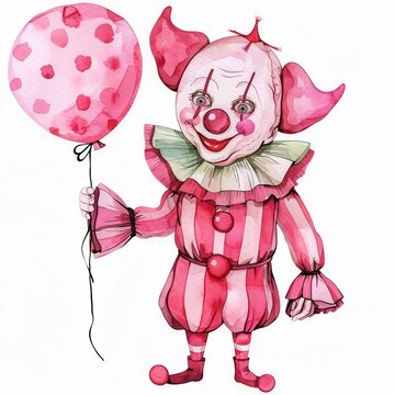 recommend clip art: a Creepy clown holding a balloon, watercolor clipart illustration, lsolated on white background
