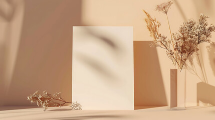 Aesthetic mockup of a blank paper sheet card against a neutral peachy background, accented by bohemian design elements and a glass with sunlight shadows and reflections
