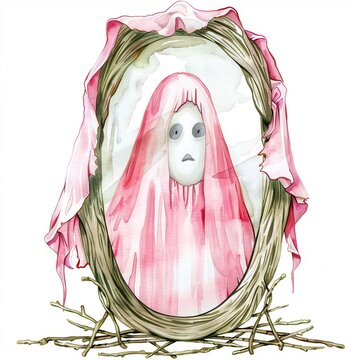 recommend clip art: a Haunted mirror reflecting a ghostly face, watercolor clipart illustration, lsolated on white background