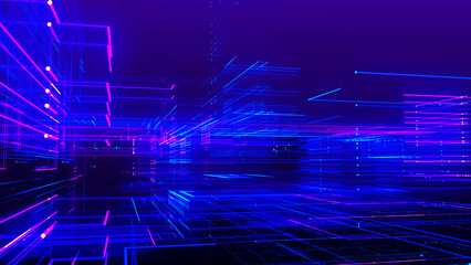 Abstract digital, technology tunnel. Abstract futuristic sci-fi tunnel with grid of particles and lines. Connection and connections concept. Big data. 3D rendering.