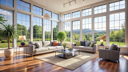 Fototapeta premium Bright and airy living room with large windows, spacious, natural light, modern, interior design, home decor, minimalist