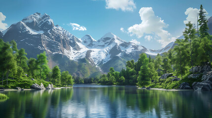 Fototapeta premium Realistic depiction of a serene mountain lake surrounded by lush green forests and snow-capped peaks under a clear blue sky