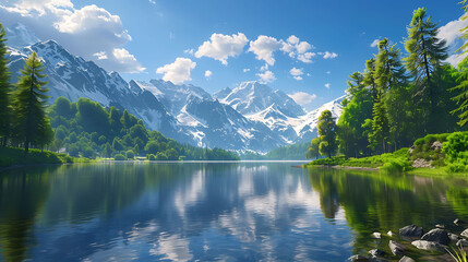 Fototapeta premium Realistic depiction of a serene mountain lake surrounded by lush green forests and snow-capped peaks under a clear blue sky