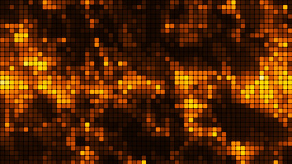 Gold mosaic background in technology concept. Abstract multicolored LED squares. Technology digital square yellow color background. Bright pixel grid background. 3D rendering