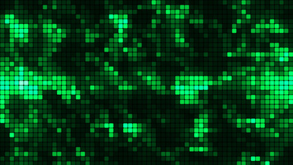 Green mosaic background in technology concept. Abstract multicolored LED squares. Technology digital square green color background. Bright pixel grid background. 3D rendering