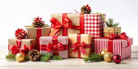 Christmas gifts on white background , gifts, presents, holiday, festive, wrapping, ribbon, bows, surprise, celebration