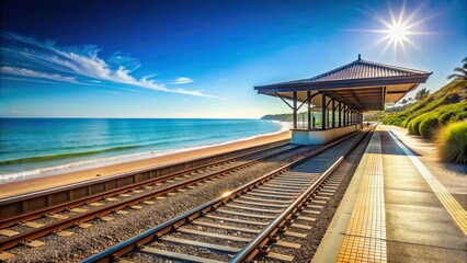 Fototapeta premium Beautiful rendering of a train station overlooking a tranquil beach under a clear blue sky, train station, beach