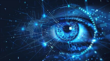 Human android cyborg eye futuristic control protection personal internet security access.Concept robot dna system, future scientific technology innovation science. Blue polygonal vector