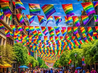 Fototapeta premium Vibrant rainbow flags and colorful decorations fill the air as a joyful atmosphere is set for a celebratory Pride Month event.