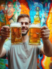 Naklejka premium Man with beer glasses near mural