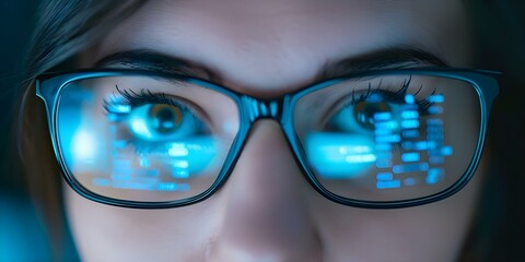 Closeup of eyes with glasses reflecting computer monitor symbolizing cyber security. Concept Cybersecurity, Technology, Close-up photography, Eye wear, Computer monitor