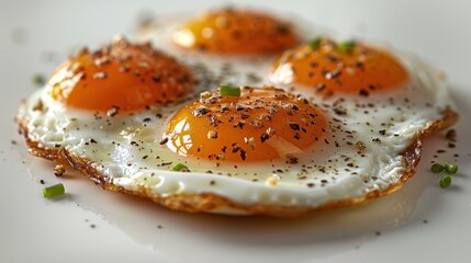 Close-up of Three Sunny-Side Up Eggs with Black Pepper and Chives