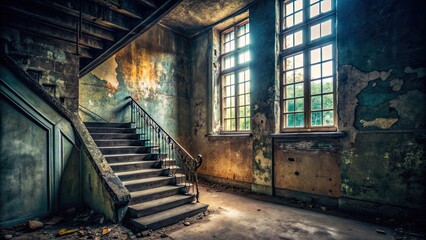 Obraz premium Ancient dark staircase in grunge interior of an empty building architecture with a window , ancient, dark, staircase