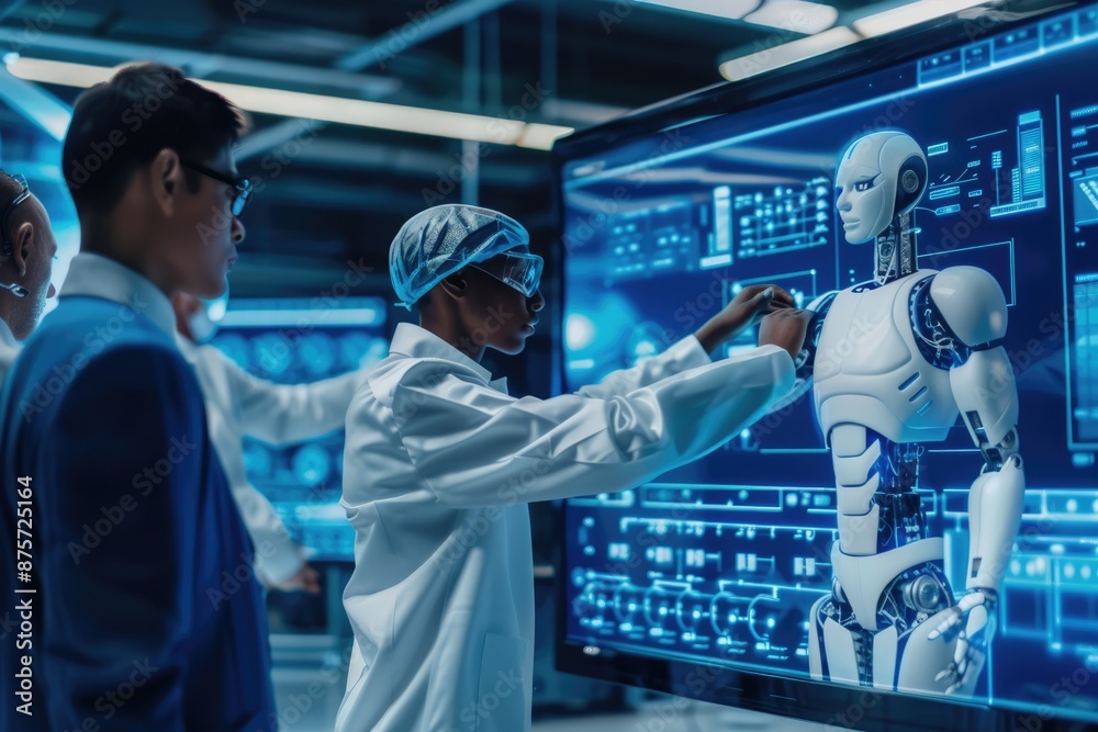 Poster teamwork in a cuttingedge tech office with ai interface, digital networks, and dynamic data visualiz