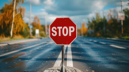 Iconic red and white STOP road sign positioned for safety and traffic control on a busy roadside, emphasizing crucial traffic management in urban settings.