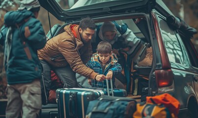 A family is packing their car for a holiday trip, with suitcases and camping gear