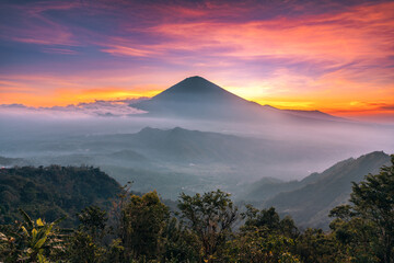 Fototapeta premium Morning view at one of the most recognizable sights island Bali, volcano Agung, on the top of which according to legend live spirits protecting the island Bali Indonesia