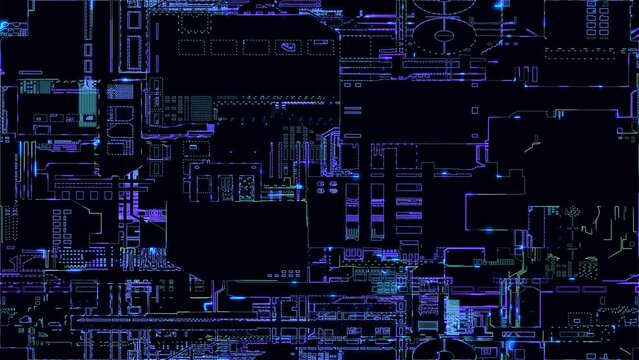 Abstract digital computer processors and electronic components on a circuit board process data. Technological basis of abstract motherboard. 4K animation of data transfer.