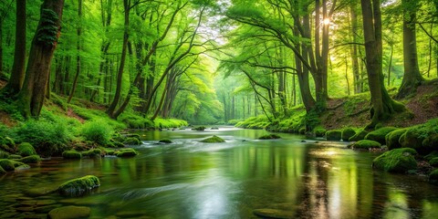 Obraz premium A tranquil stream flowing through a dense, green forest , Nature, peaceful, river, foliage, trees, lush, serene, tranquil