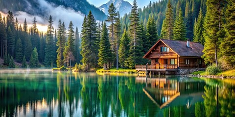 Fototapeta premium Chalet by crystal lake with pine trees, Chalet, crystal lake, pine trees, serene, tranquil, nature, reflection, cabin, peaceful
