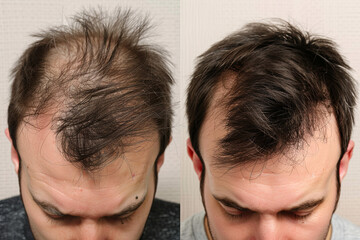 Comparison of a man's hair before and after hair loss treatment, hair transplant