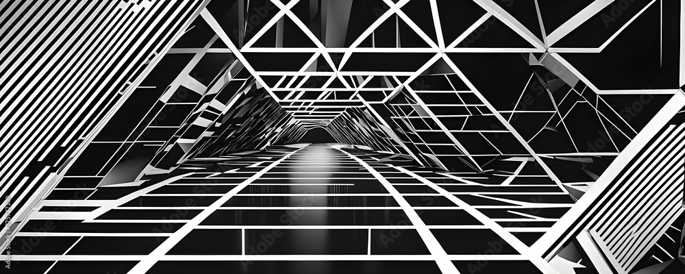 Wall mural Black and white tunnel structure representing data and communication in abstract geometric pattern
