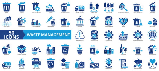 Waste management icon collection set. Containing disposal, landfill, garbage collection, transport, plastic, sorting, contamination icon. Simple flat vector.