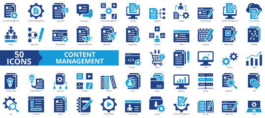 Content management icon collection set. Containing comment, discussion, writing, diagram, creator, online writing, cloud icon. Simple flat vector.
