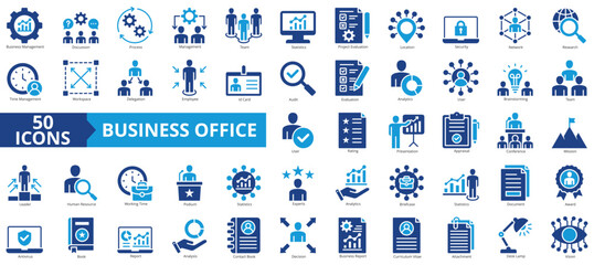 Business office icon collection set. Containing management, discussion, process, team, statistics, project evaluation, location icon. Simple flat vector.