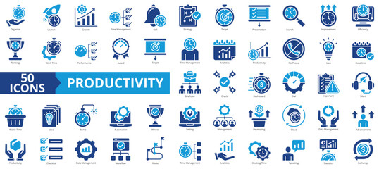 Productivity icon collection set. Containing organize, launch, growth, time management, bell, strategy, target icon. Simple flat vector.