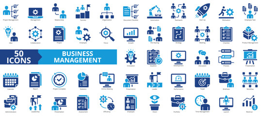 Business management icon collection set. Containing project, relationship, success, organization, document checklist, automation, teamwork icon. Simple flat vector.