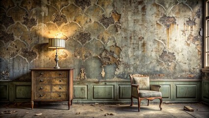 Distressed, peeling vintage wallpaper adorns a worn, concrete-gray wall, surrounded by dusty, old furniture in a dimly lit, grungy atmosphere.