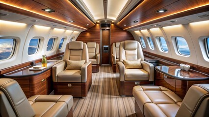Obraz premium Luxurious private aircraft interior with sleek leather seats, polished wood trim, and high-tech entertainment system playing soothing music.