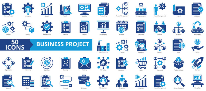 Business project icon collection set. Containing innovation, growth, workflow, accounting, management, production line, validation icon. Simple line vector.