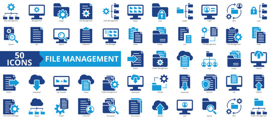 File management icon collection set. Containing data, folder, lock, login, sync, lock, search icon. Simple flat vector.