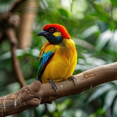 Obraz premium A colorful bird sits on a branch in the forest.Vivid Birdlife: 8K Ultra-HD Photography Job ID: 0a9cd355-fa34-42cc-a918-3c62c0293ba1