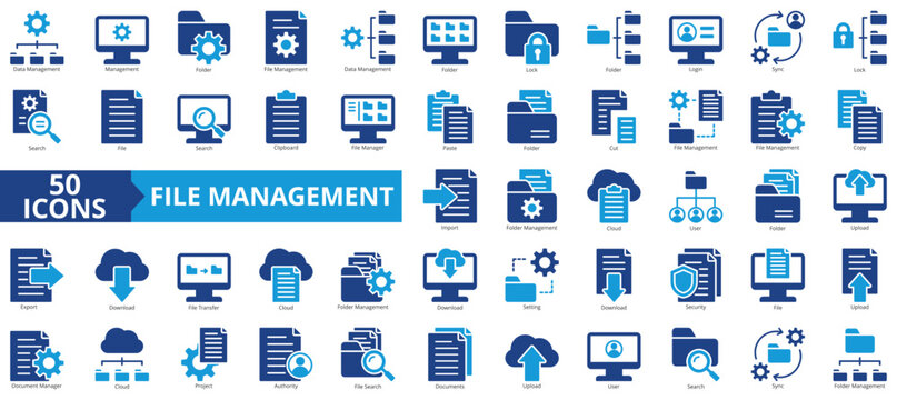 File management icon collection set. Containing data, folder, lock, login, sync, lock, search icon. Simple flat vector.
