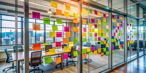 Vibrant colored notes scatter across a sleek glass wall, creating a dynamic backdrop for creative brainstorming and innovative ideas in a modern office setting.