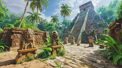 An ancient Aztec pyramid temple complex with stone carvings and sacrificial altars, surrounded by lush tropical rainforest.