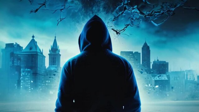Silhouette of a man in a hoodie walking into a city on icy winter night from behind, concept video of a hacker or robber entering into a city generative AI