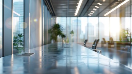 Fototapeta premium Beautiful blurred background of a light modern office interior with panoramic windows and beautiful lighting.